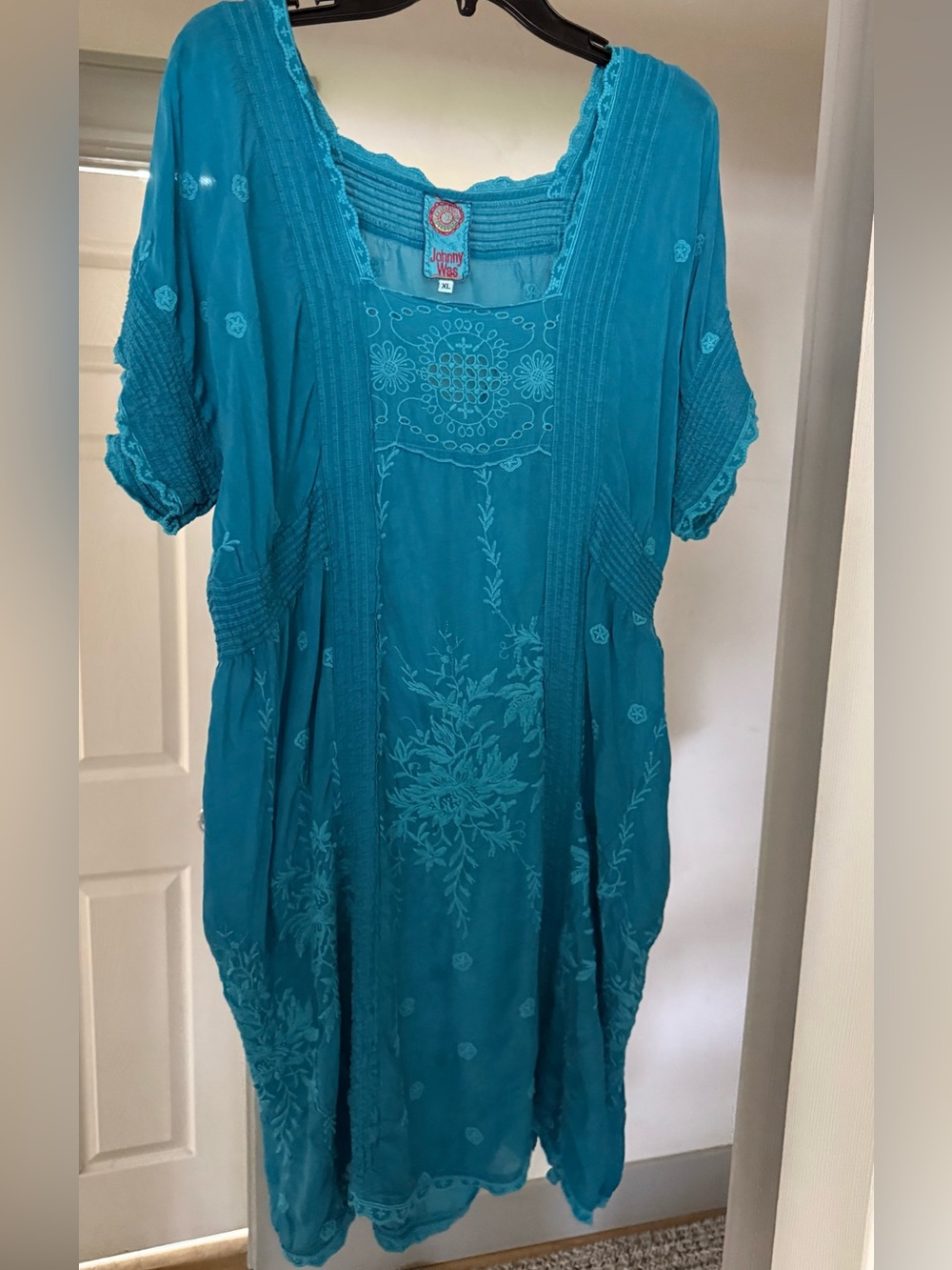 Johnny Was Teal Embroidered Boho Tunic Dress - Picture 5 of 6